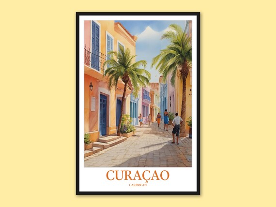 Curacao Orange Blue Street Facades Palm Caribbean Travel Art Wall Poster