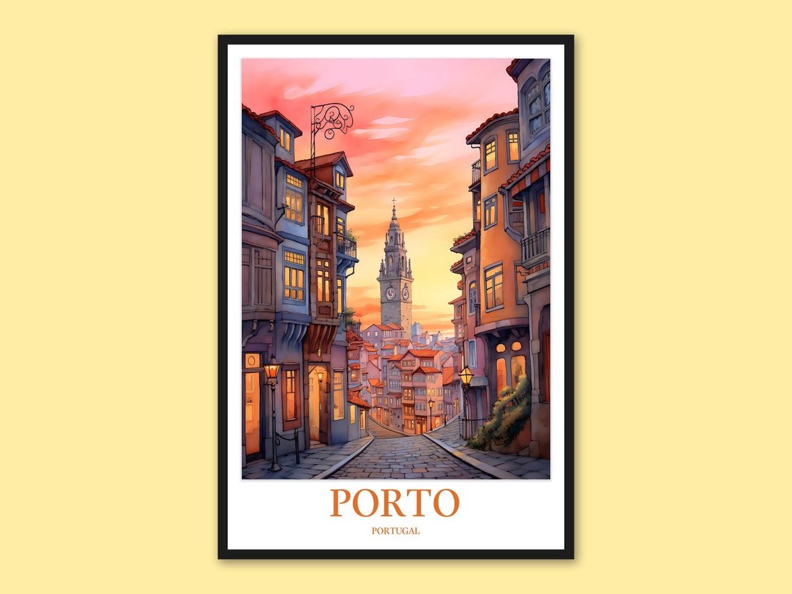 Porto Portugal Historic Quarter Glowing Windows Watercolor Poster