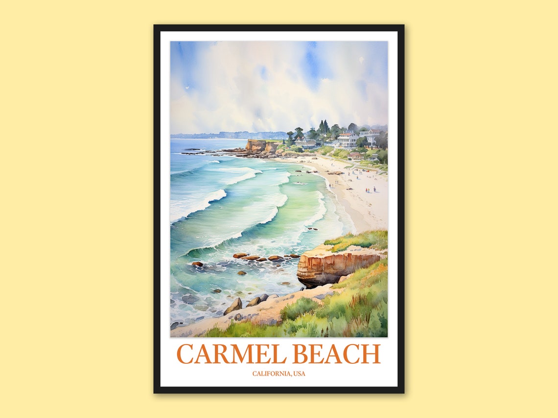 Carmel Beach Cove Daytime Ocean View Watercolor California Poster