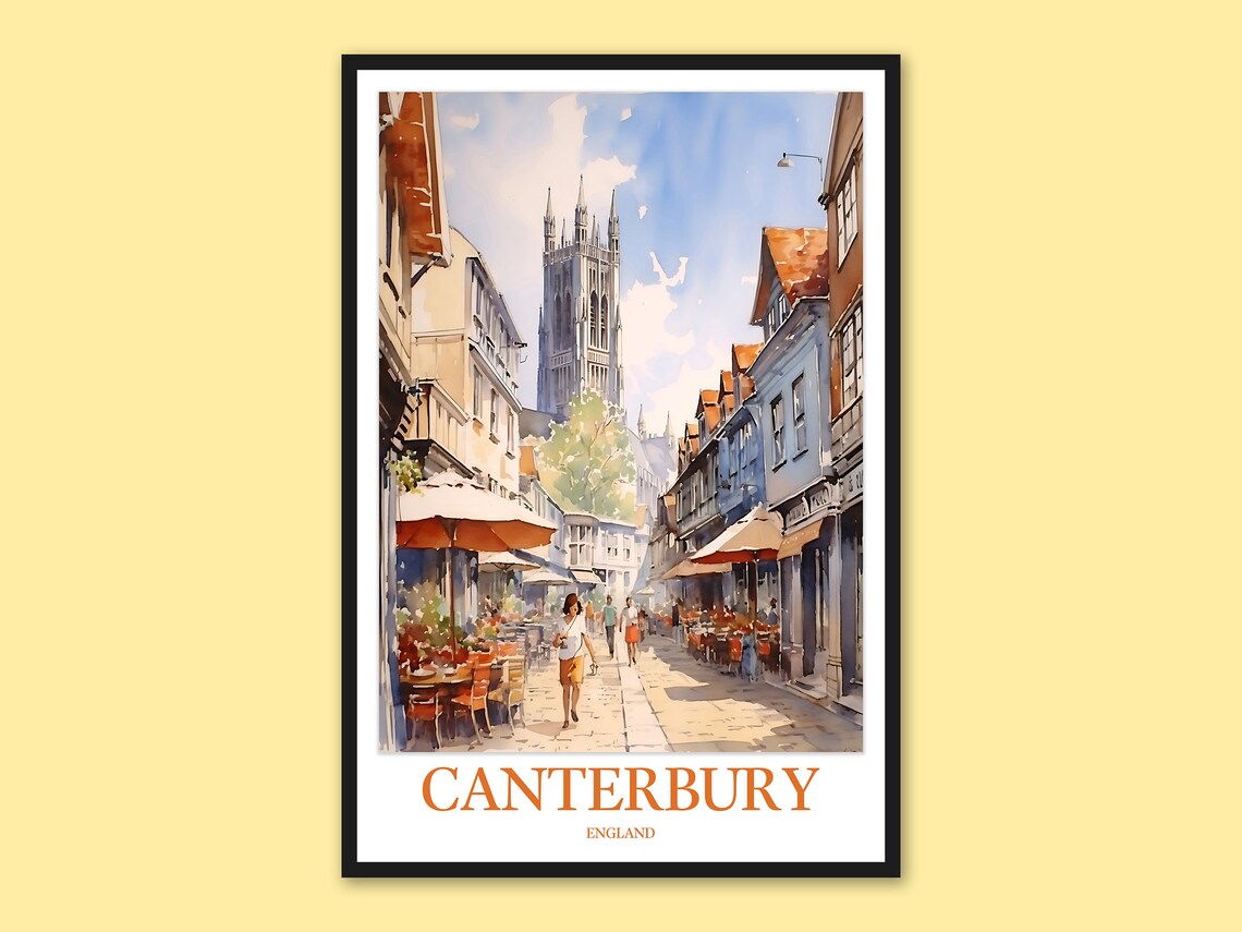 Canterbury England Sunny Street Cafe Umbrellas Watercolor Poster