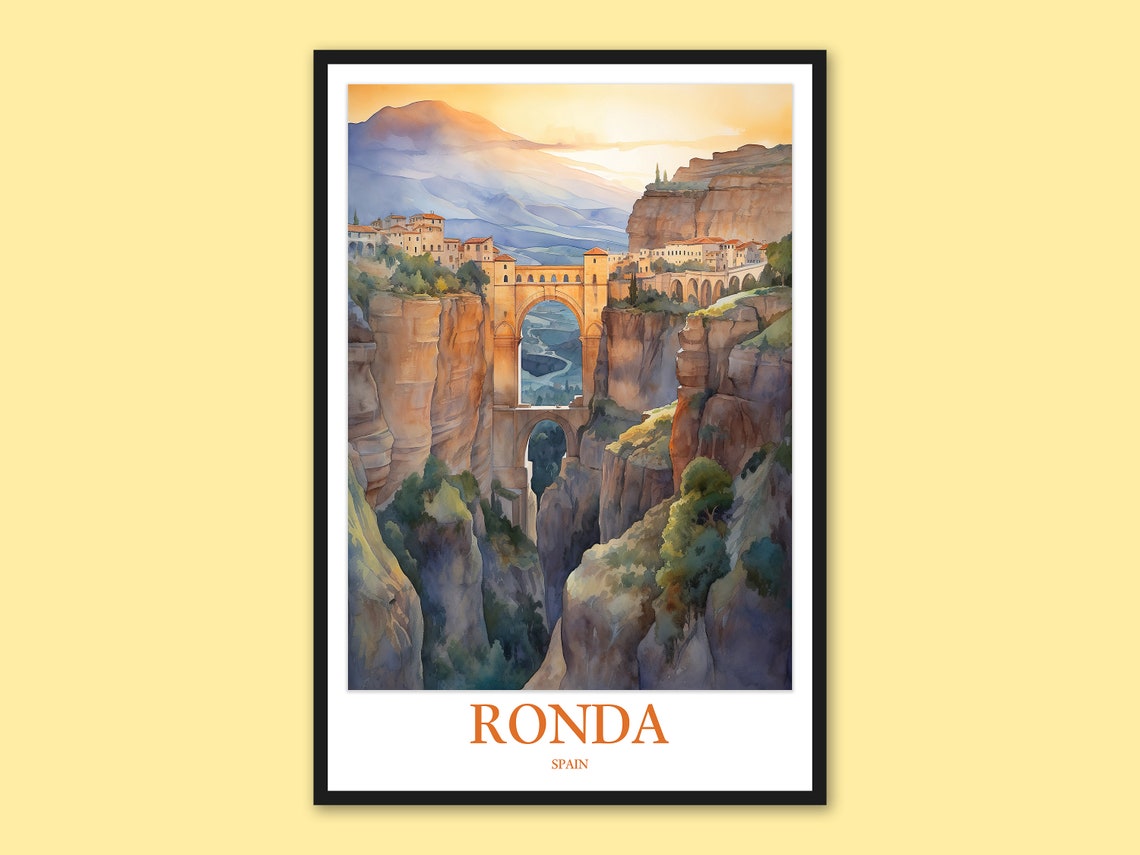 Ronda Spain Puente Nuevo Gorge Bridge Sunset Watercolor Poster