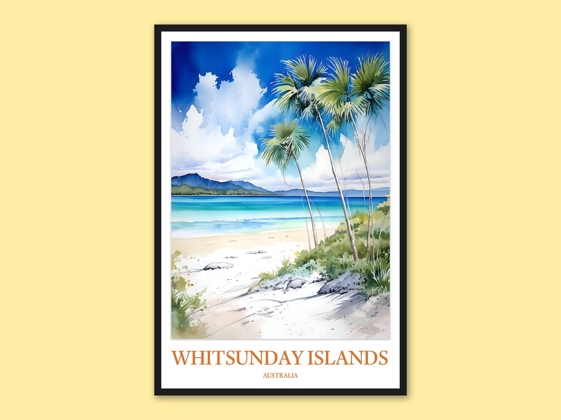 Whitsunday Islands Australia Palm Tree Beach Watercolor Travel Poster