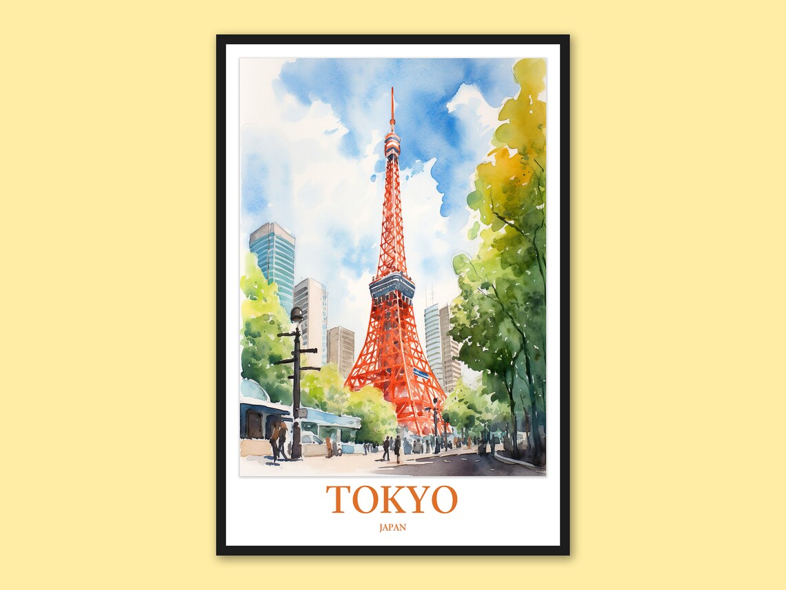 Tokyo Tower Japan Watercolor Cityscape Bright Travel Poster Artwork