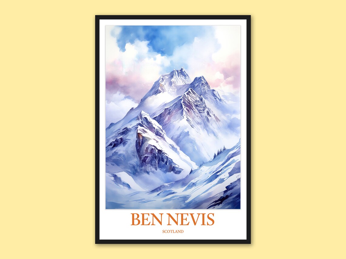 Ben Nevis Scotland Snow Covered Peaks Watercolor Winter Travel Poster