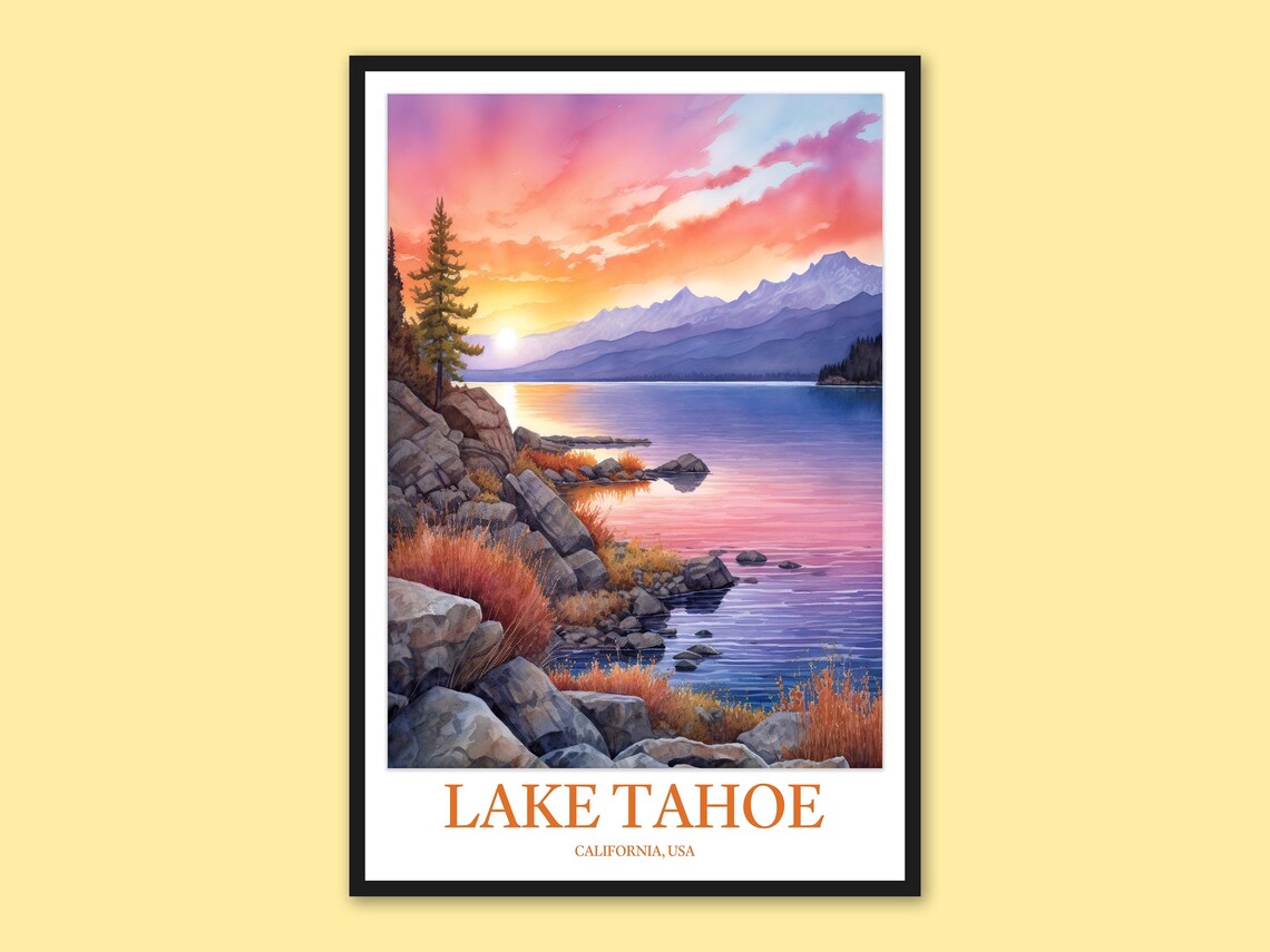 Lake Tahoe California Pink Sunset Rocky Cove Scenic View Poster