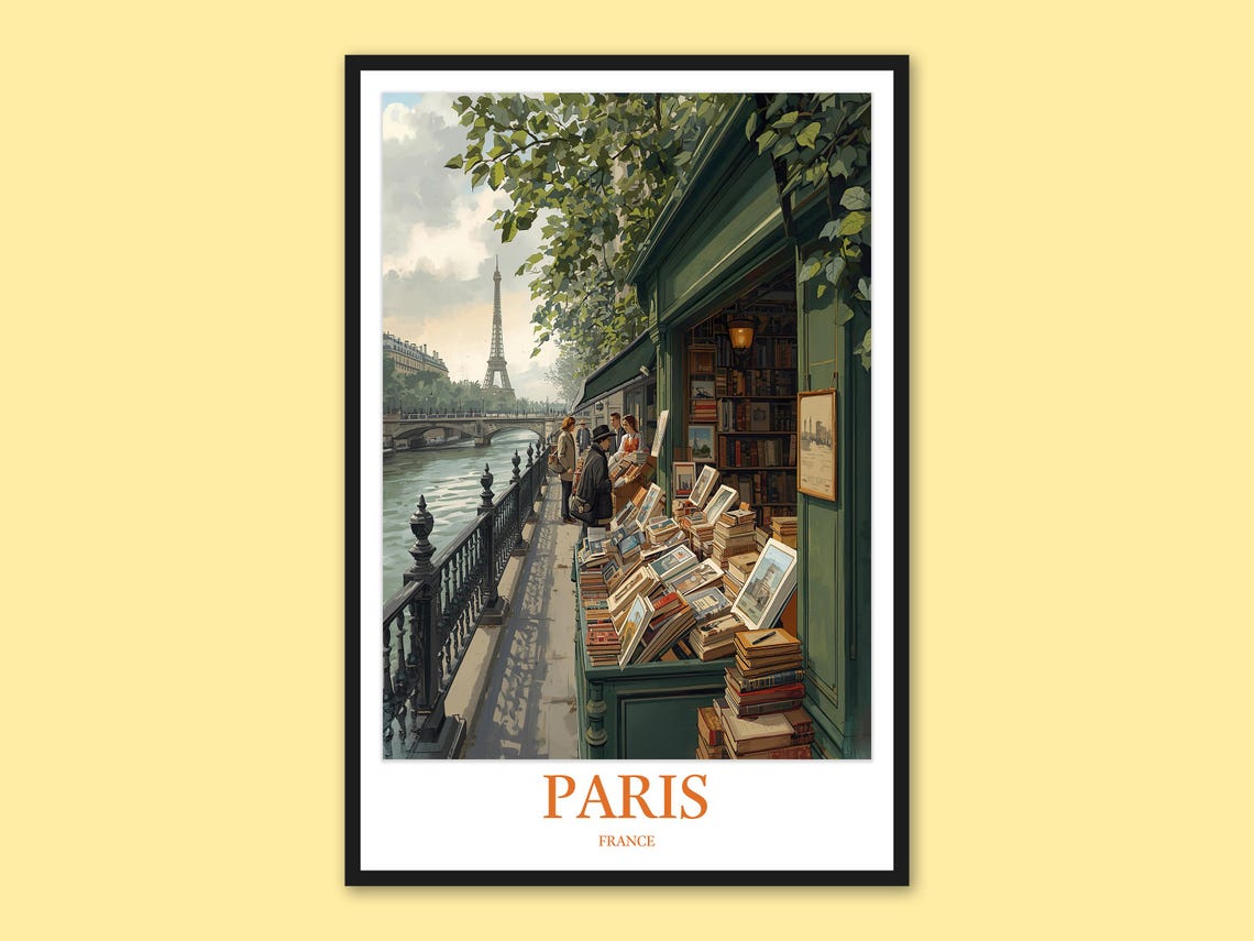 Paris Seine Riverside Book Market and Eiffel Tower View Travel Poster