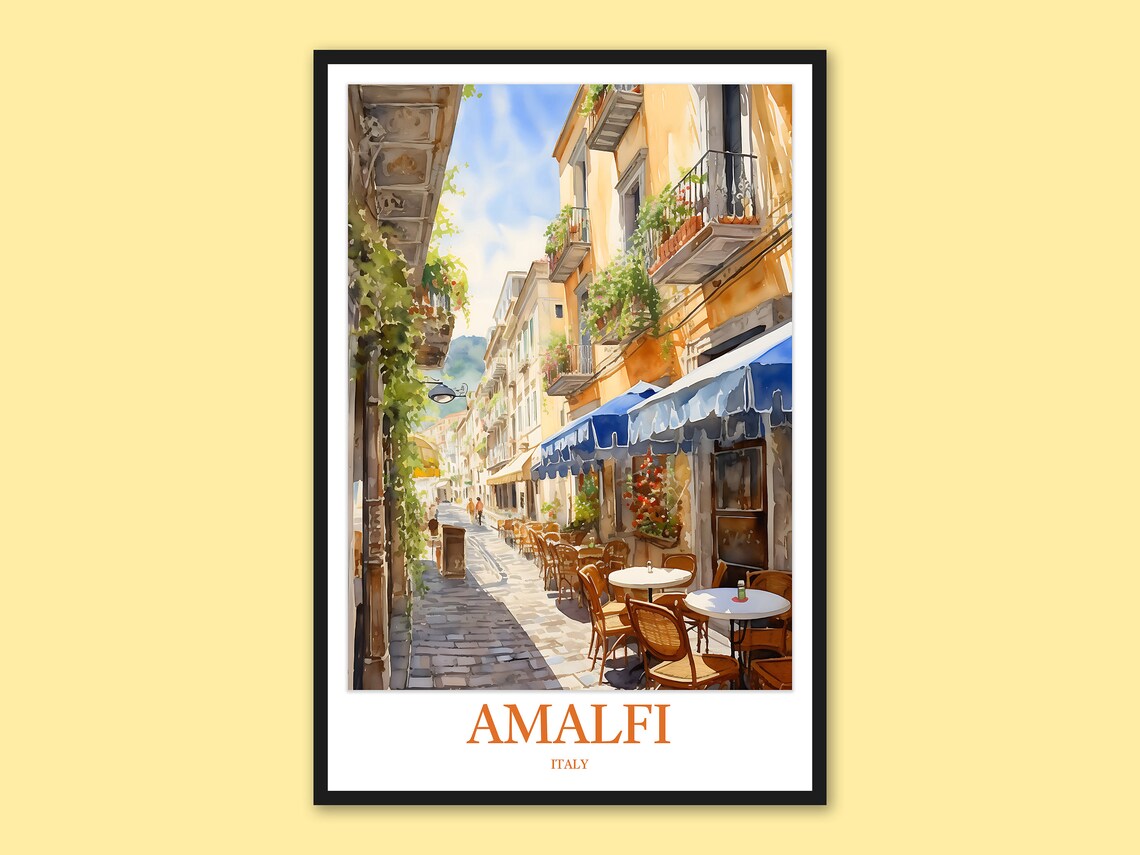 Amalfi Italy Sunlit Café Street with Balconies Watercolor Poster