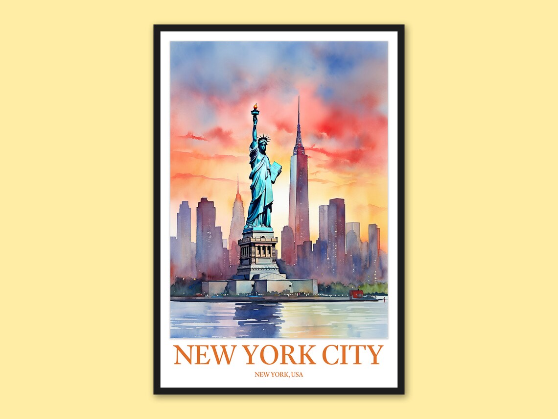 New York City Statue Of Liberty Skyline Sunset Watercolor Art Poster