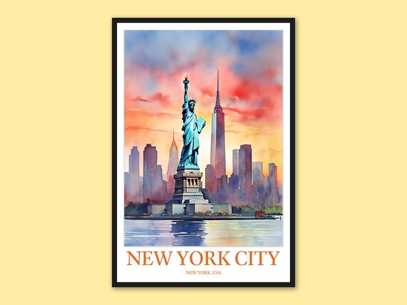 New York City Statue Of Liberty Skyline Sunset Watercolor Art Poster