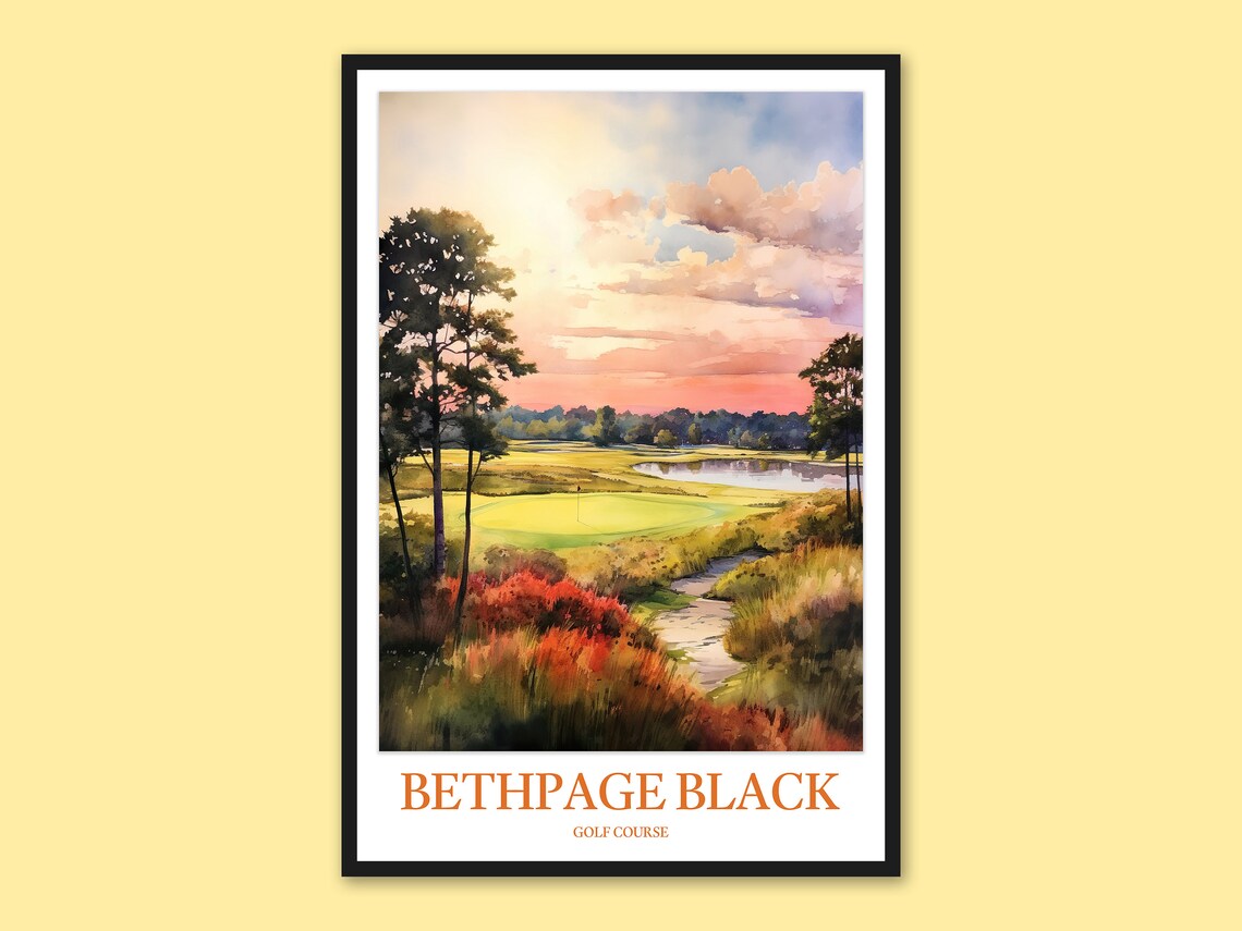 Bethpage Black Golf Course Watercolor Poster at Sunset with Pines and Pond