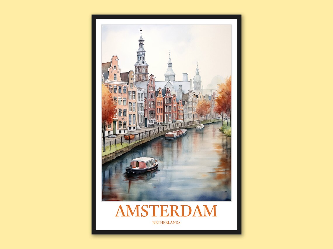Amsterdam Historic Canal Church Spire Watercolor Travel Poster