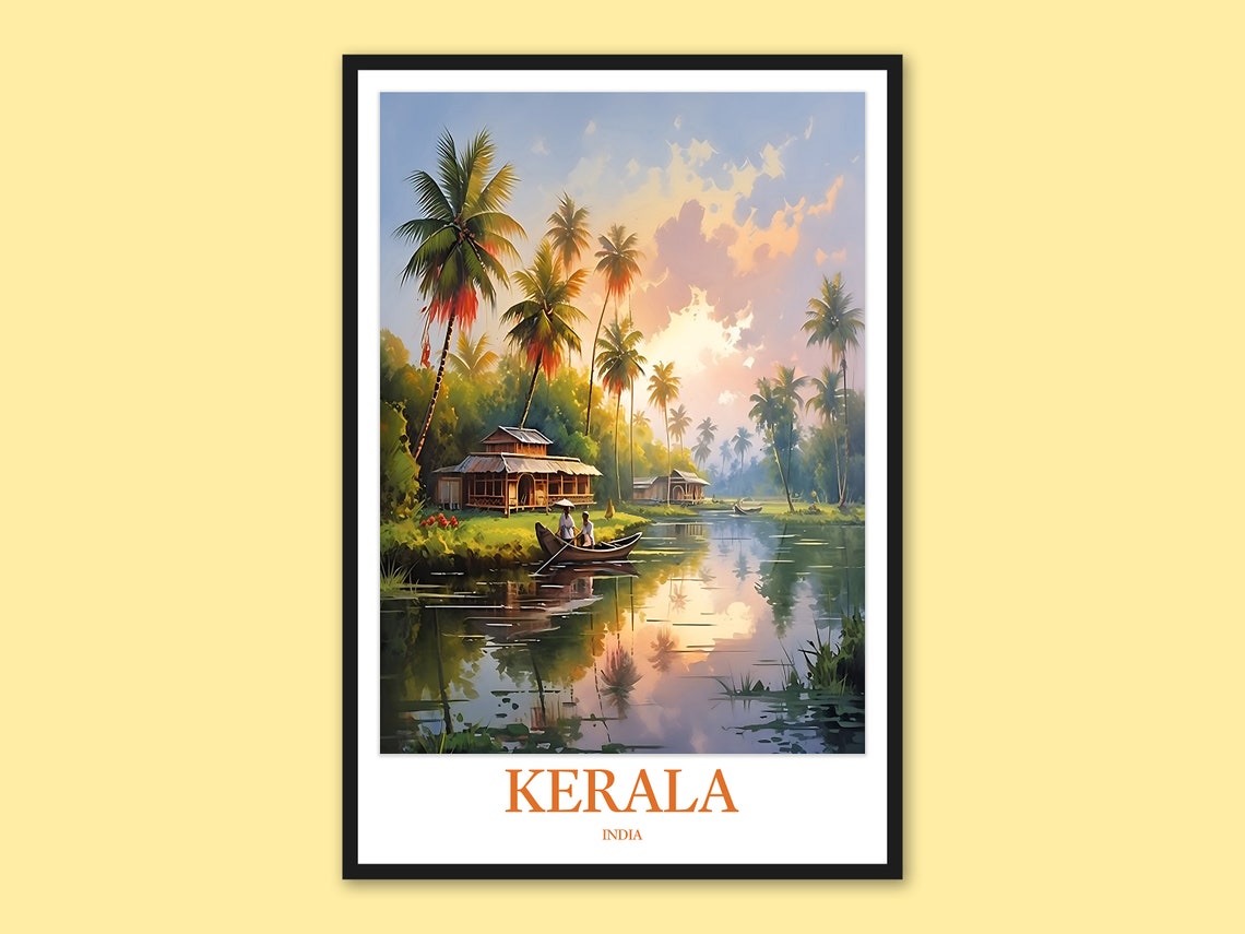 Kerala India Backwater Palms and Canoe Sunset Watercolor Travel Poster