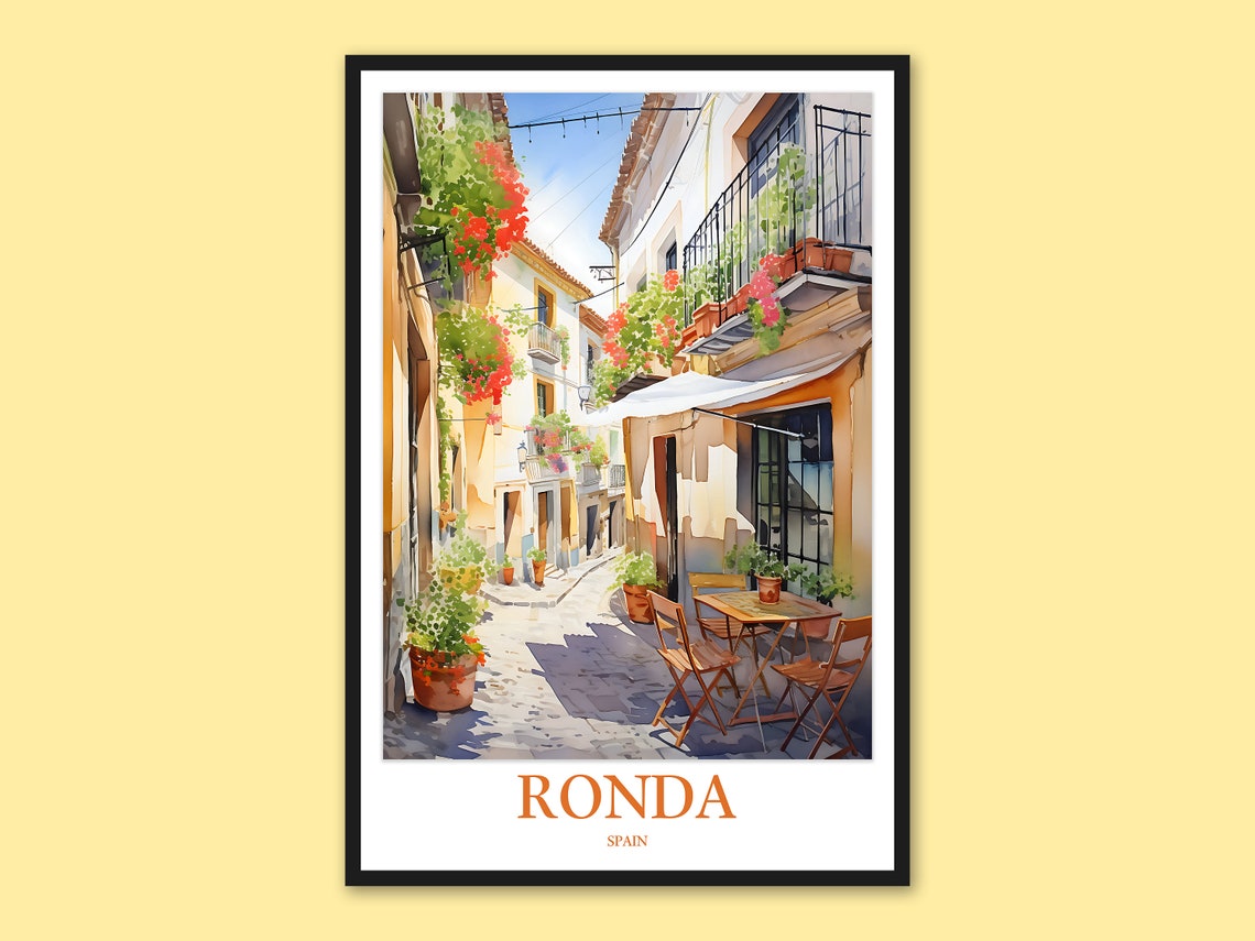 Ronda Spain Sunlit Cafe Alley Old Town Watercolor Travel Poster