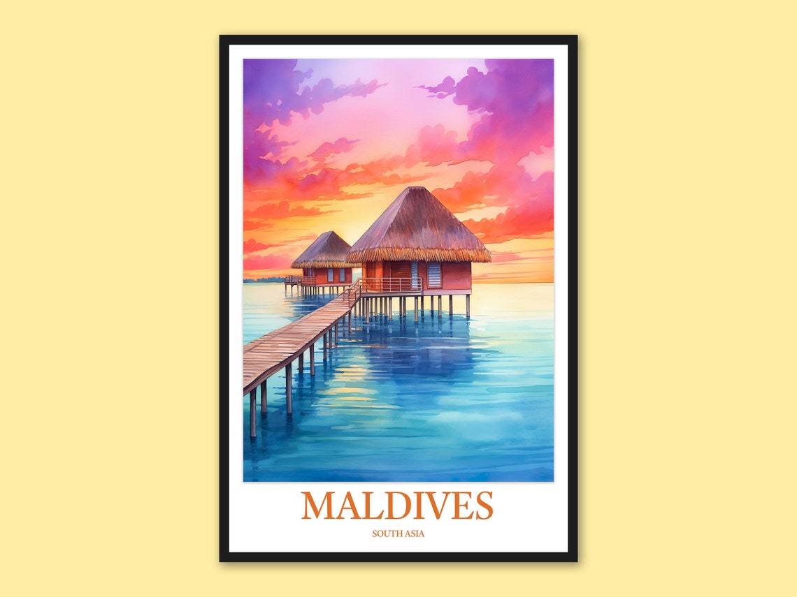 Maldives Overwater Bungalows Sunset Boardwalk Watercolor Poster