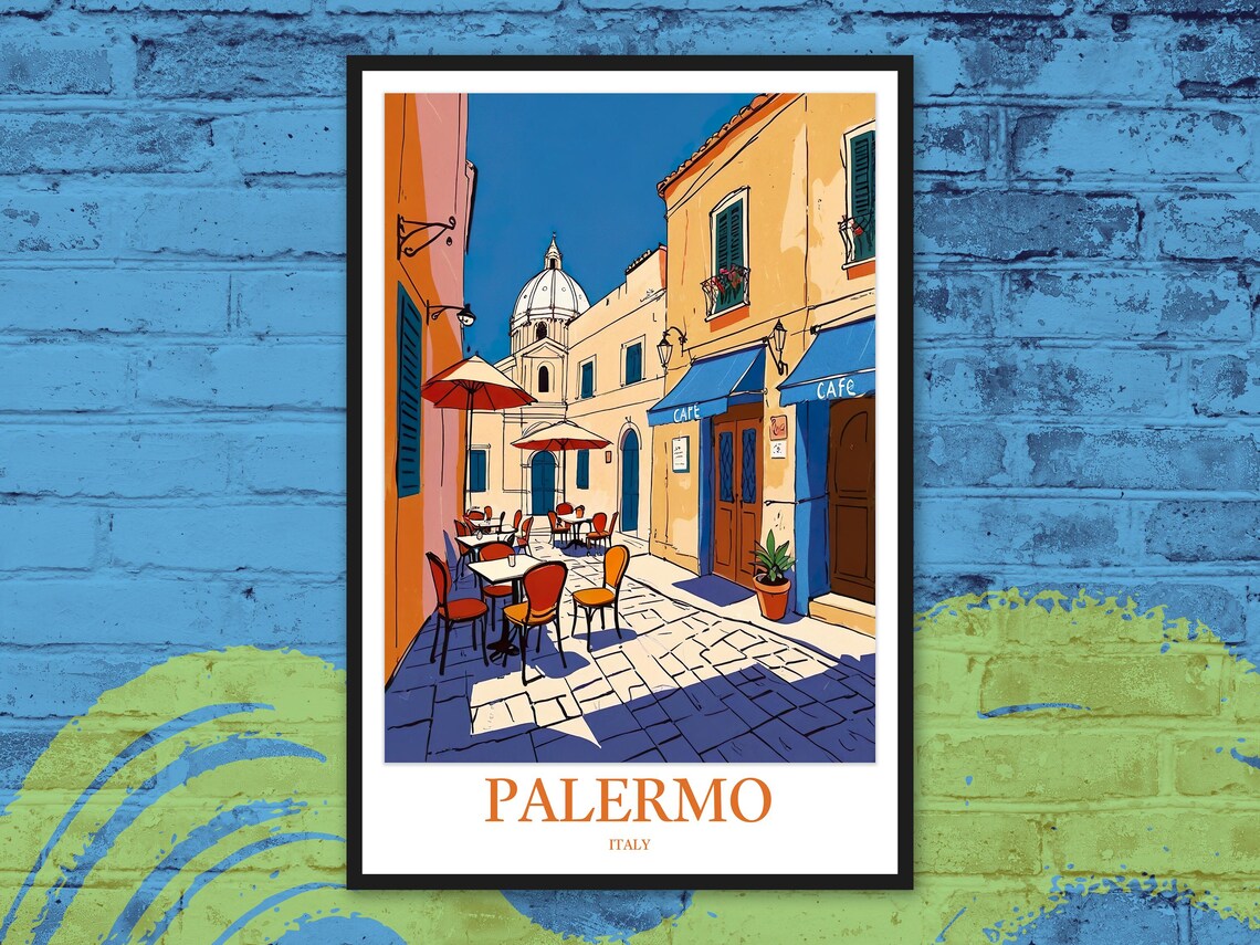 Palermo Italy Cafe Street Colorful Buildings Travel Poster Artwork