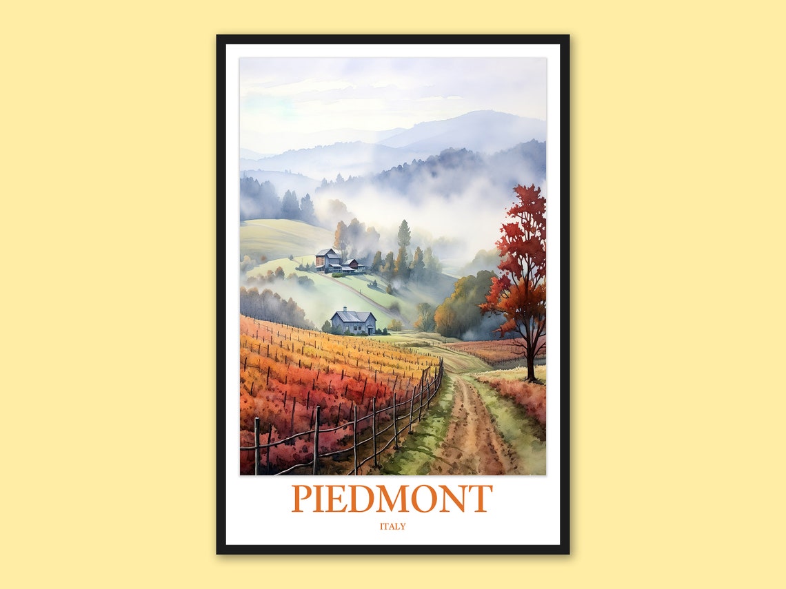 Piedmont Italy Misty Autumn Vineyard Rows Watercolor Travel Poster