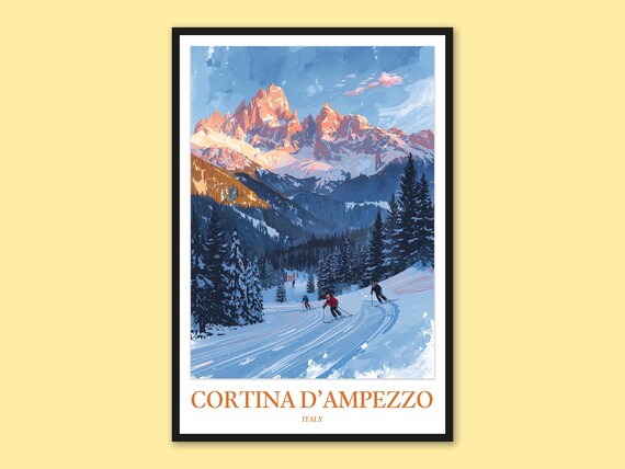 Cortina Dampezzo Skiers Sunset Dolomites Peaks Italy Travel Poster