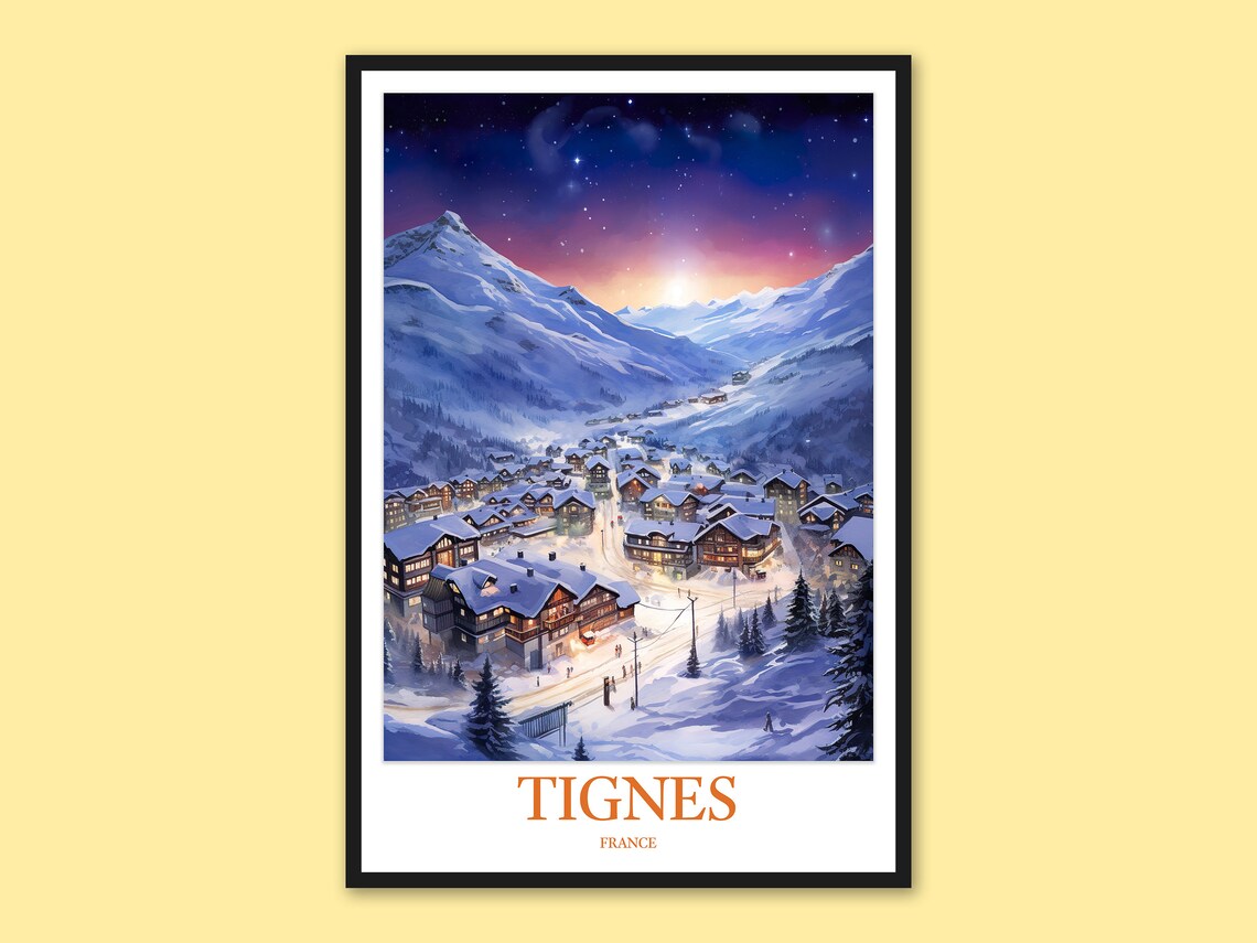 Tignes France Moonlit Winter Village Night Watercolor Poster
