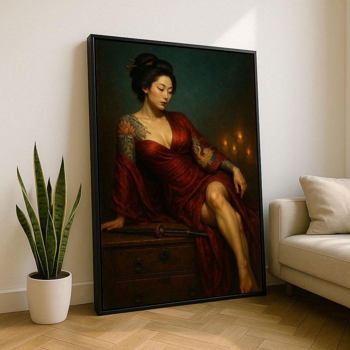 Elegant Tattooed Woman In Red Robe Reclining With Katana Poster