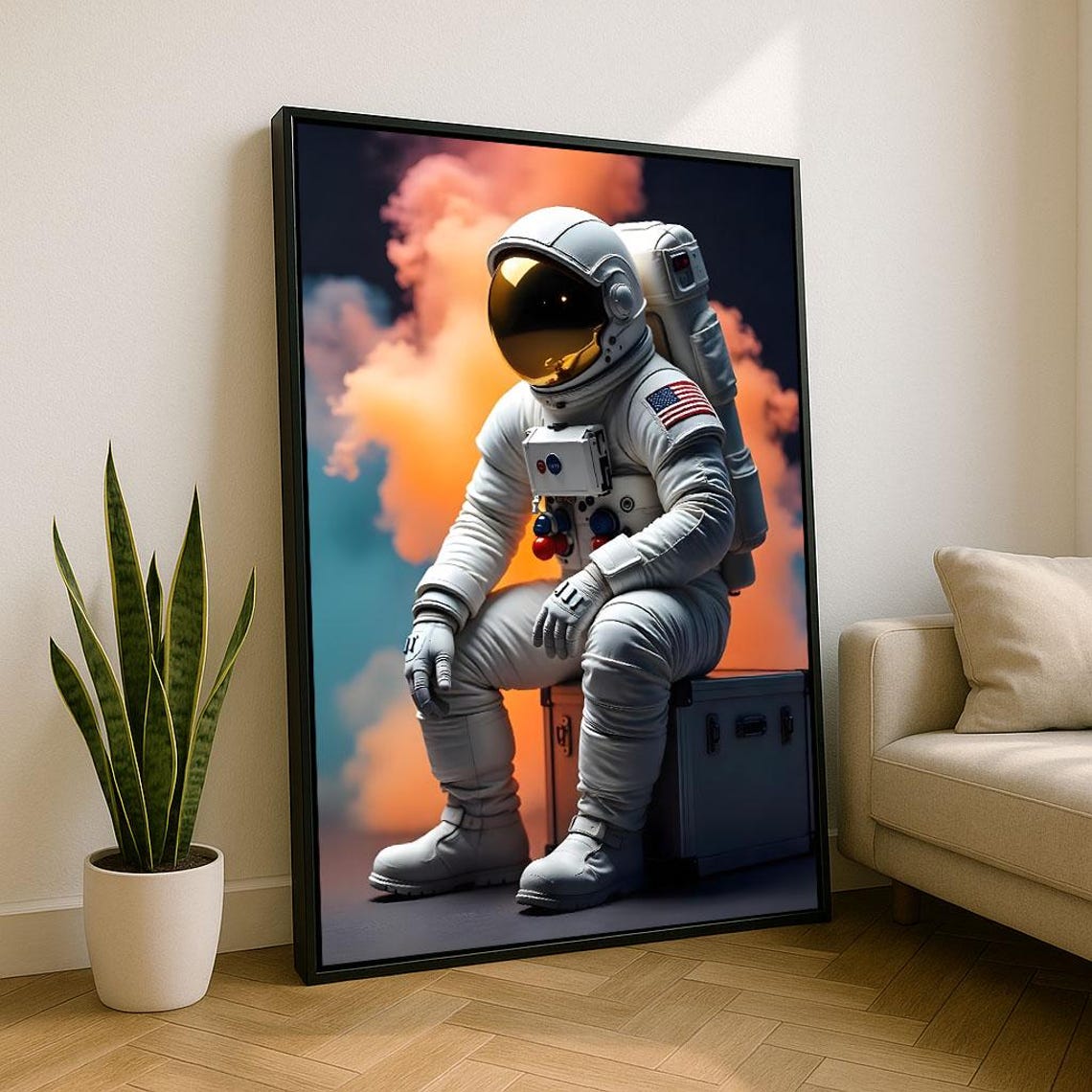 Dreamy Astronaut Sitting In Orange Smoke Cosmic Space Wall Art