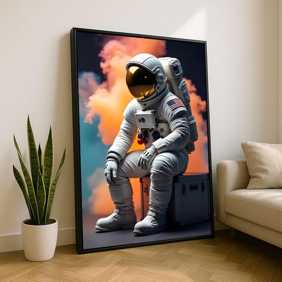 Dreamy Astronaut Sitting In Orange Smoke Cosmic Space Wall Art
