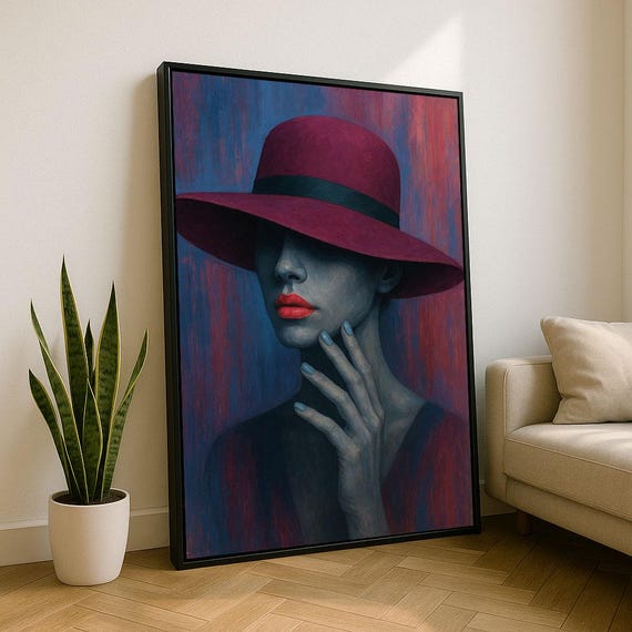 Mysterious Modern Woman In Red Hat Canvas Wall Art Print Bold Living Room Decor Statement Piece