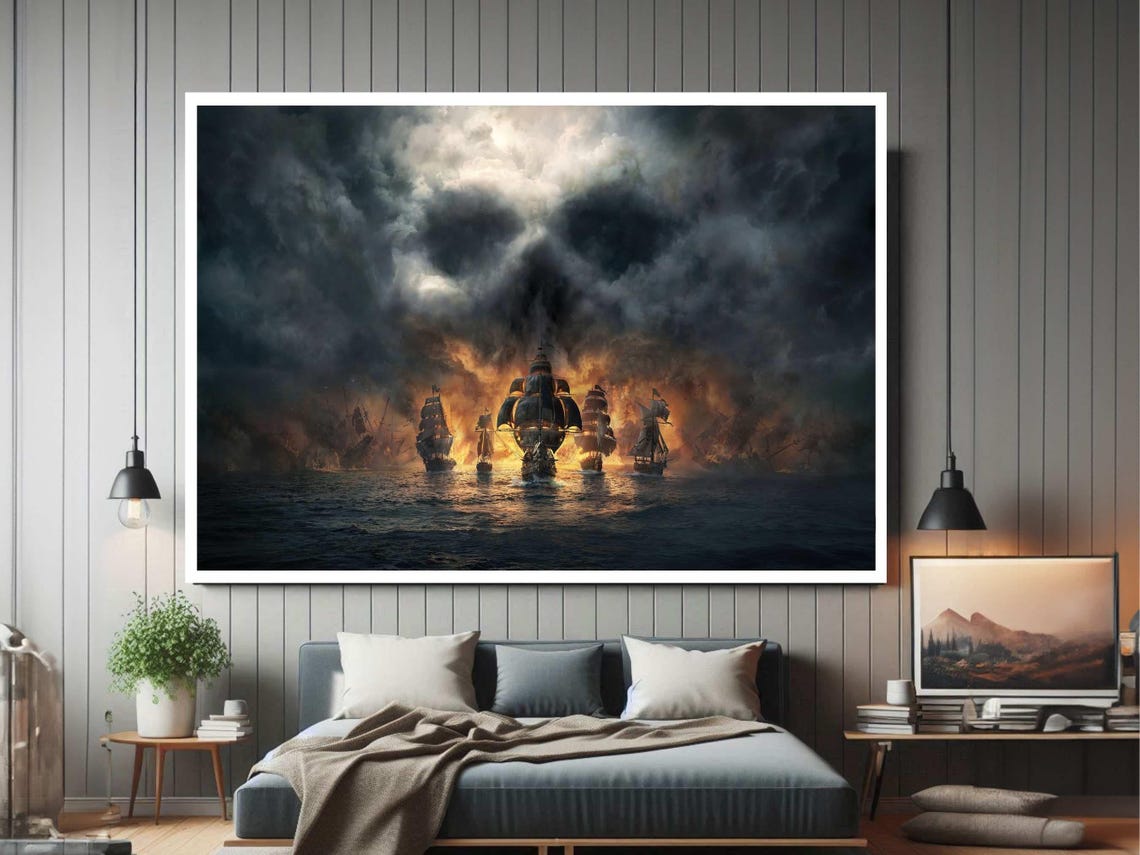 Burning Pirate Ships Storm Skull Cloud Ocean Battle Scene Poster