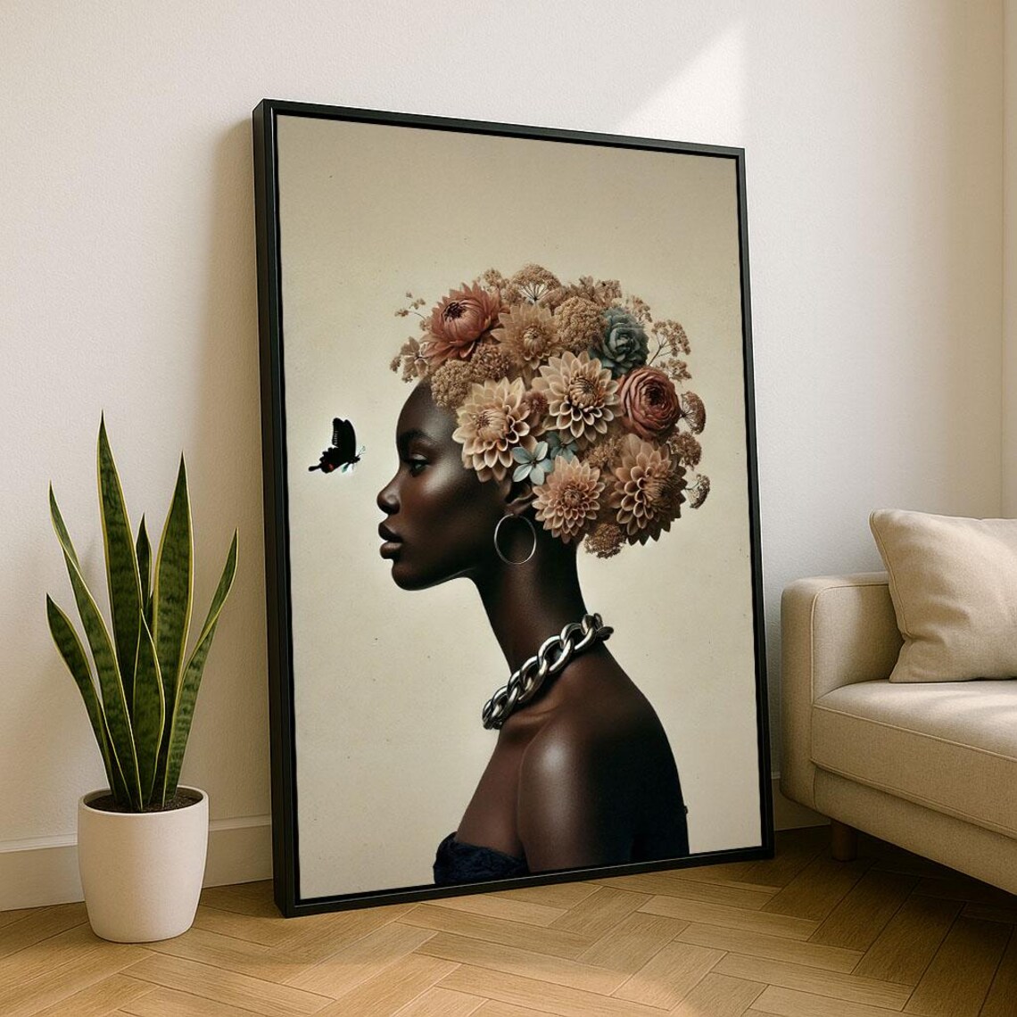 Elegant African Woman Portrait With Floral Hair And Butterfly Poster