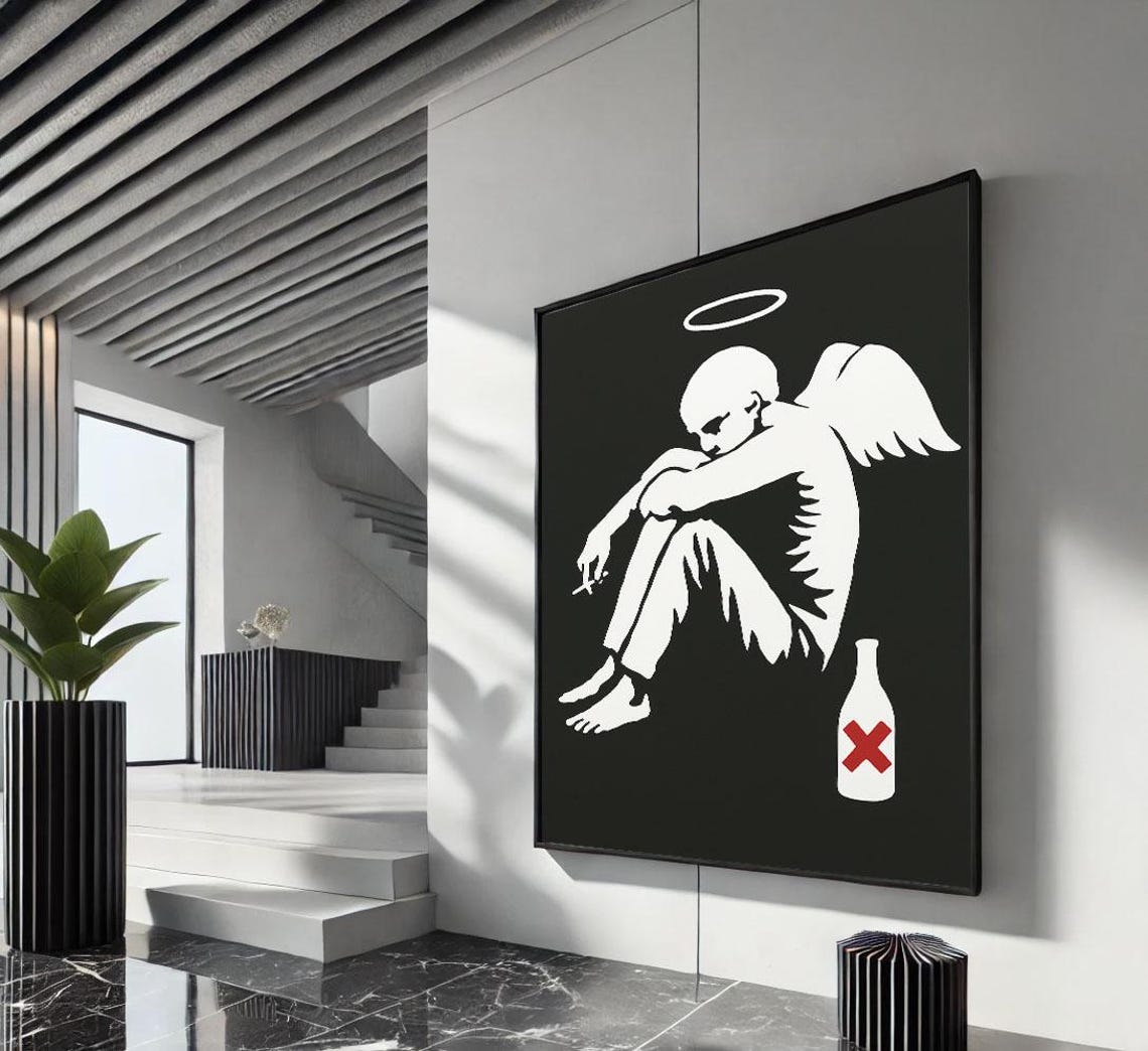Monochrome Street Art Angel Stencil With Halo And Bottle Poster