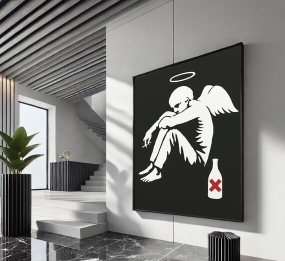 Monochrome Street Art Angel Stencil With Halo And Bottle Poster