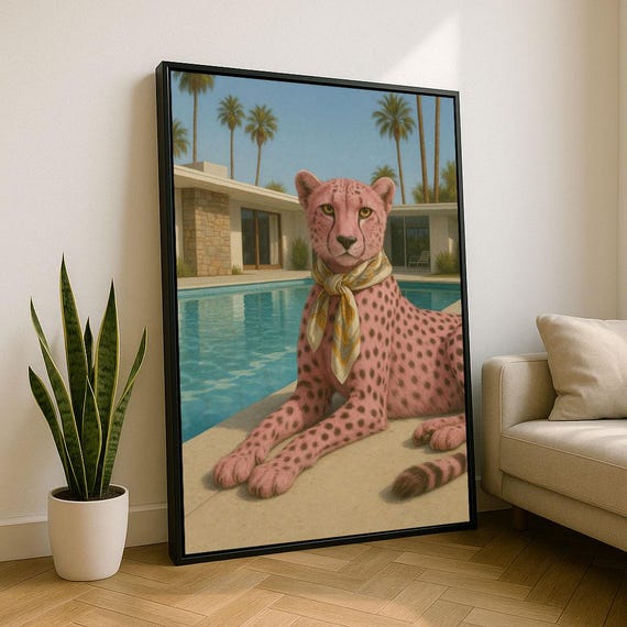 Elegant Pink Cheetah Poolside Canvas Wall Art Print Retro Living Room Decor Statement Piece
