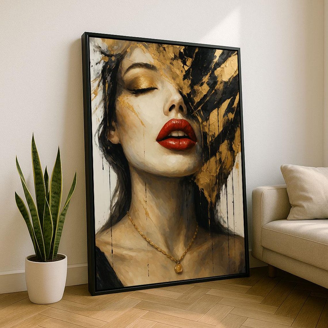 Modern Woman Portrait Gold Paint Red Lips Glamorous Abstract Poster