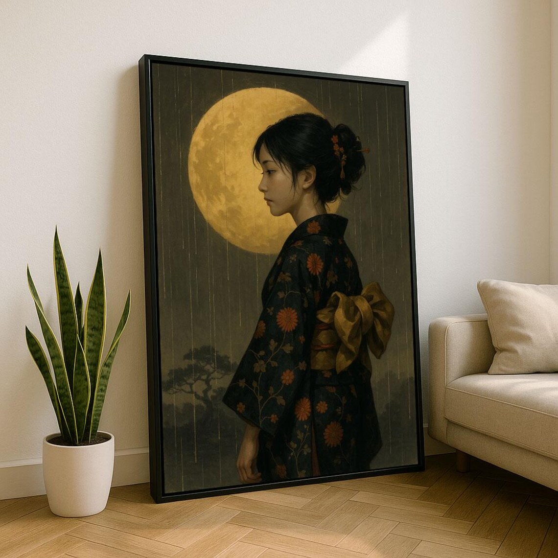 Japanese Woman Kimono Full Moon Night Rain Vintage Style Art Poster