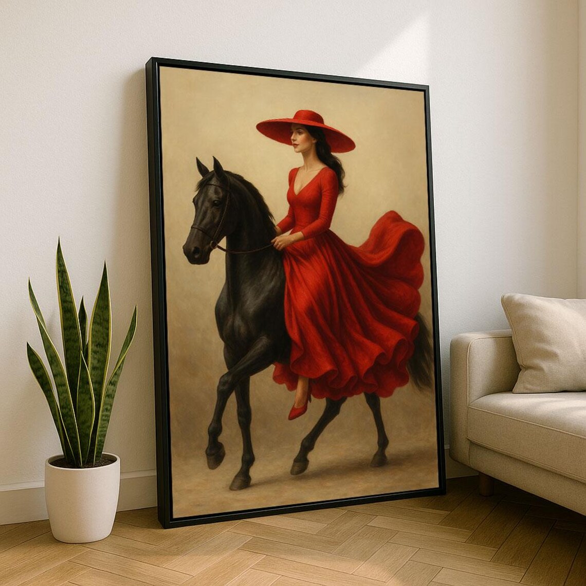 Woman in Red Dress Riding Black Horse Elegant Equestrian Poster