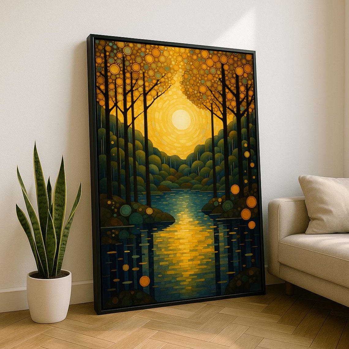 Golden Forest Sunset Mosaic Trees Lake Reflection Art Poster