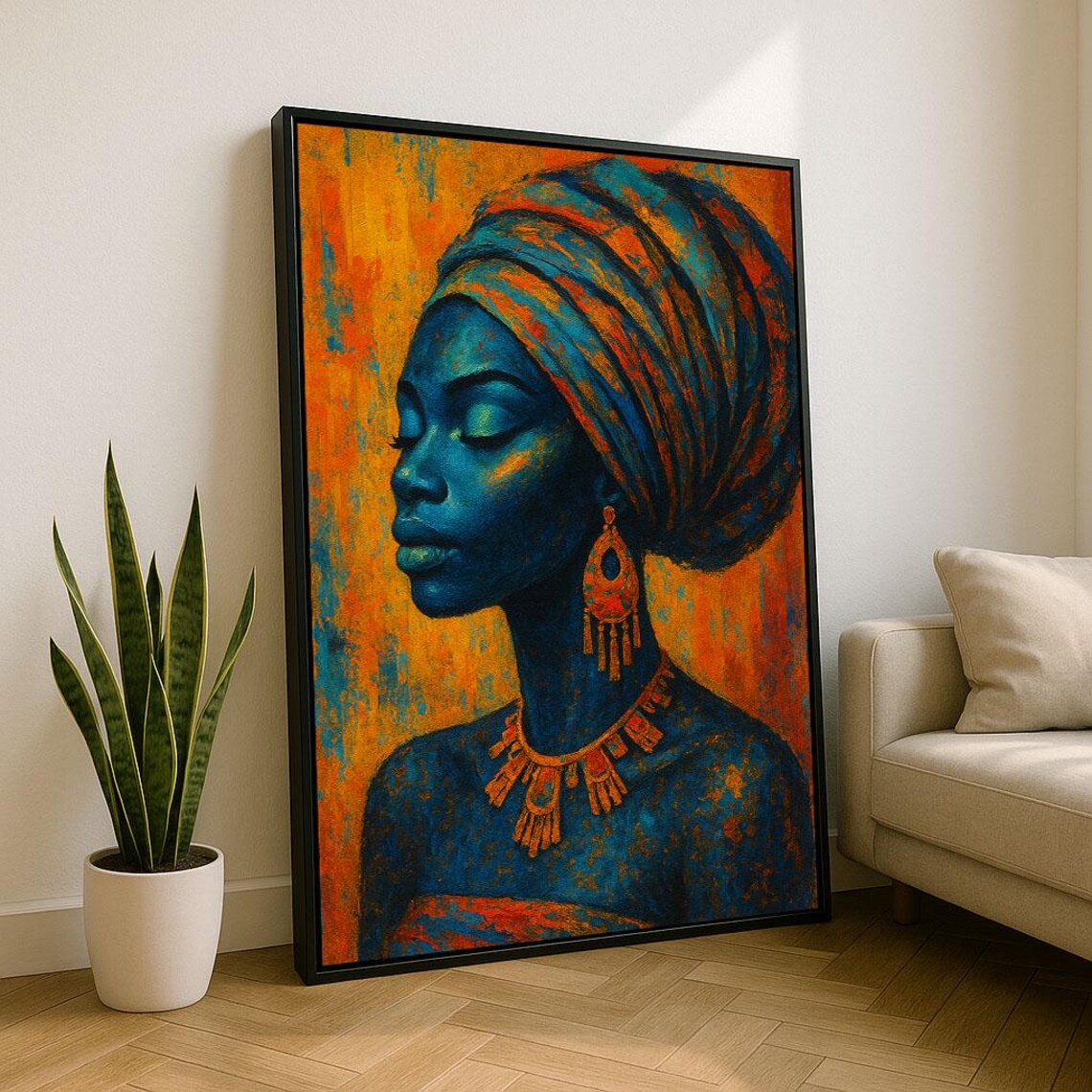 African Woman in Orange Headwrap Blue and Gold Portrait Poster