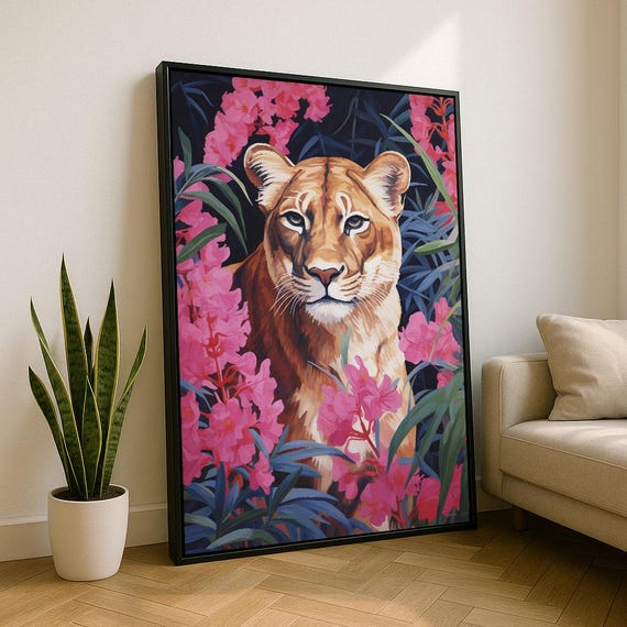 Elegant Lion In Floral Jungle Canvas Wall Art Print Pink Living Room Decor Statement Piece
