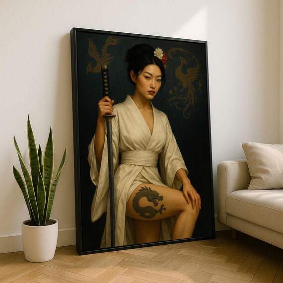 Elegant Samurai Woman Portrait Canvas Wall Art Print Minimalist Living Room Decor Statement Piece