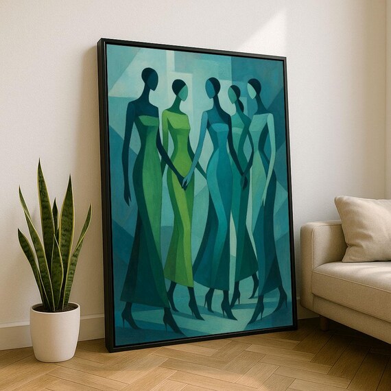Elegant Abstract Women Canvas Wall Art Print Teal Living Room Decor Statement Piece