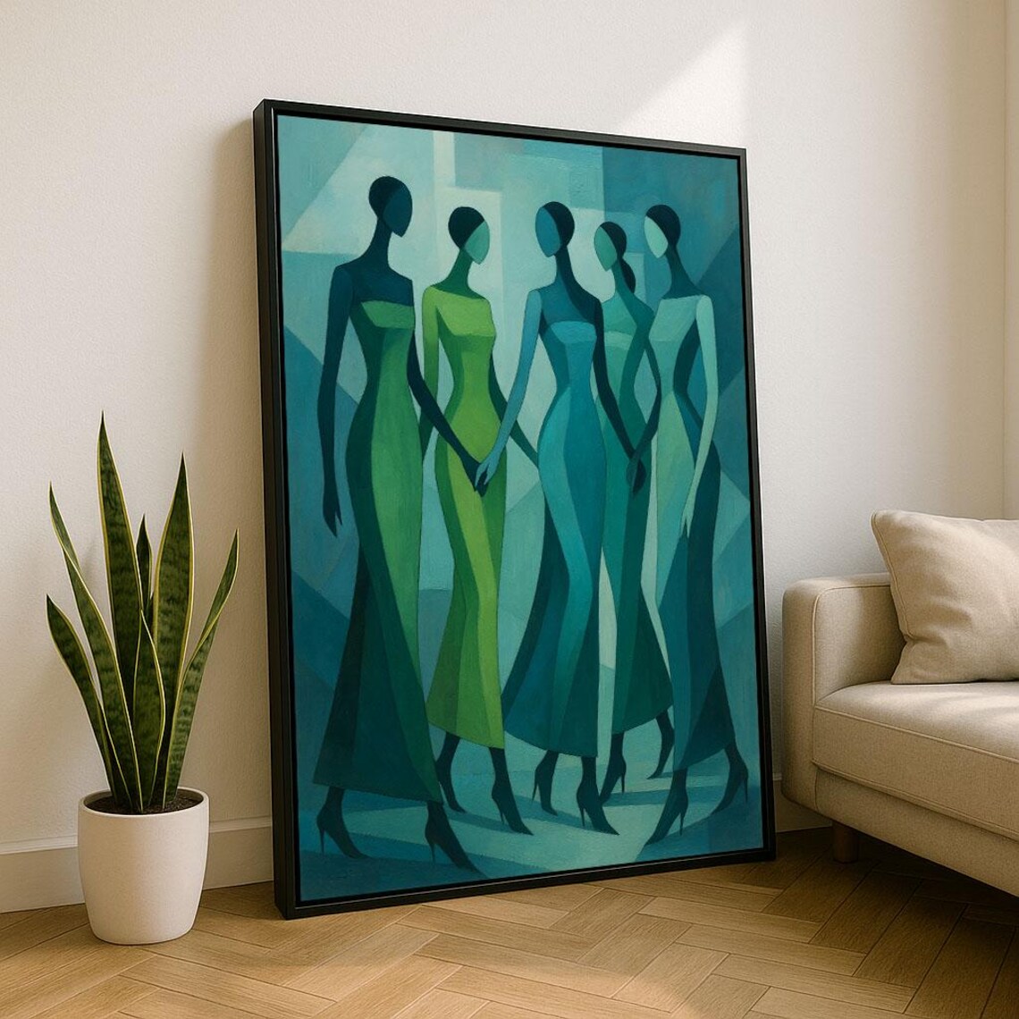 Elegant Abstract Women Canvas Wall Art Print Teal Living Room Decor Statement Piece