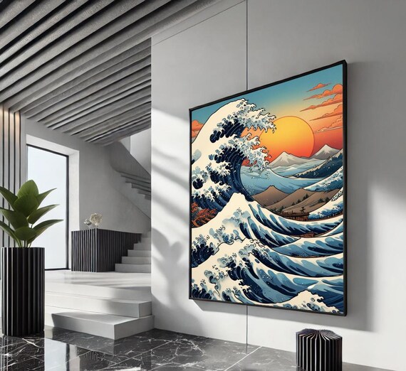 The Great Wave Amber Sunset Mount Fuji Teal Sky Japanese Ocean Poster