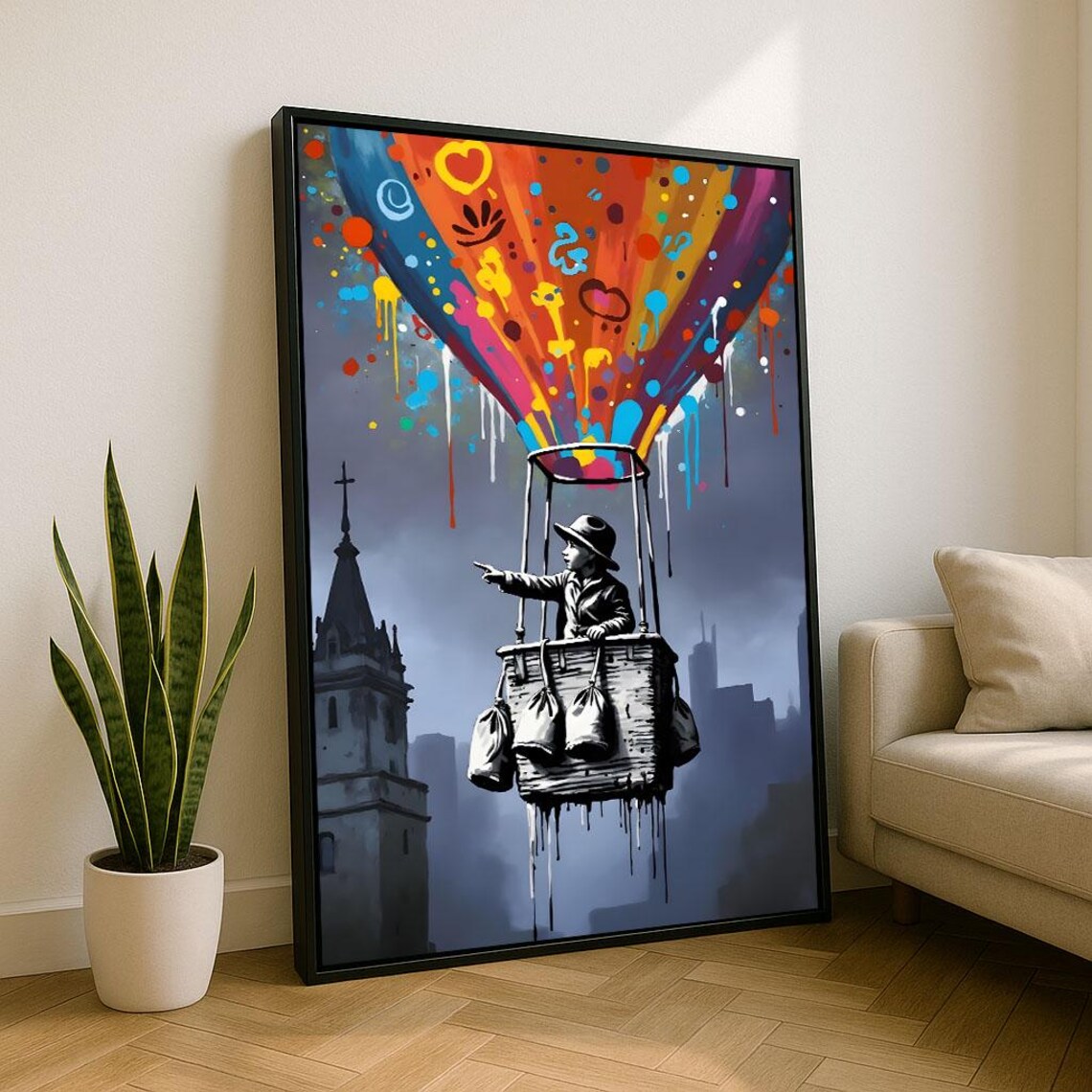 Street Art Hot Air Balloon Boy Over Misty City Bold Night Poster