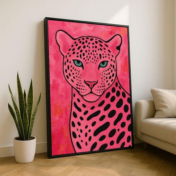Vibrant Pink Leopard Portrait Canvas Wall Art Print Modern Living Room Decor Statement Piece