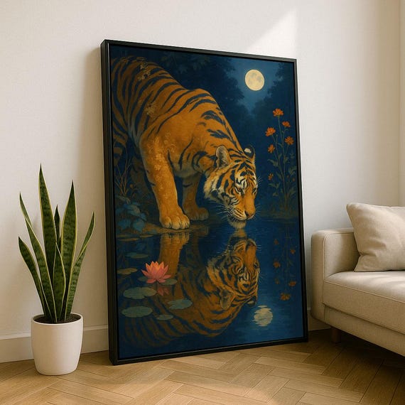 Majestic Tiger Moonlit Reflection Canvas Wall Art Print Bold Living Room Decor Statement Piece