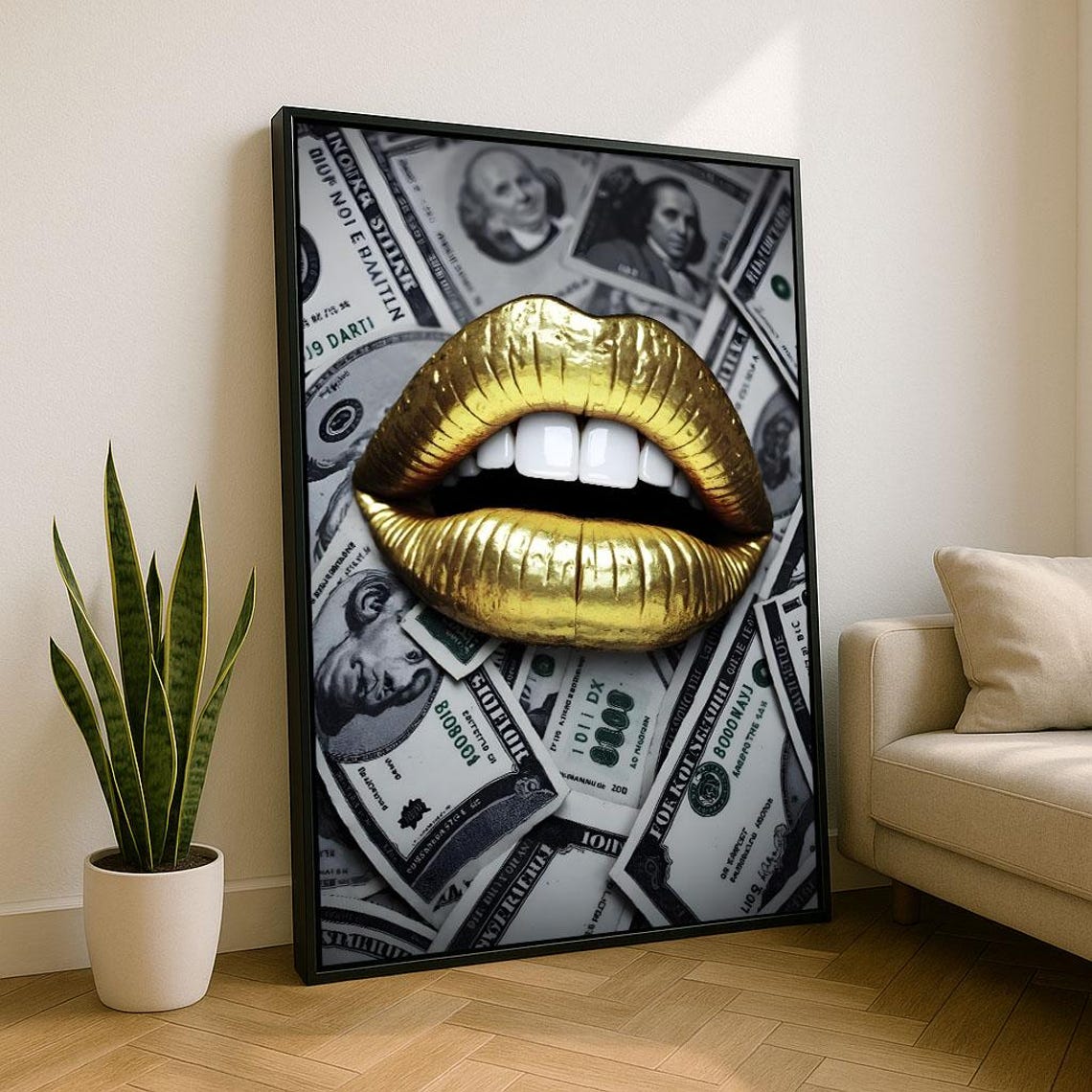 Gold Lips Mouth On Dollar Bills Bold Luxury Money Glam Poster
