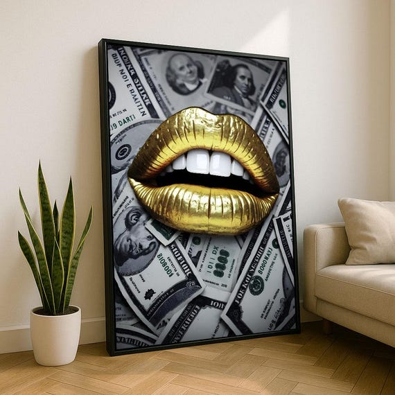 Luxurious Gold Lips On Money Canvas Wall Art Print Glam Living Room Decor Statement Piece