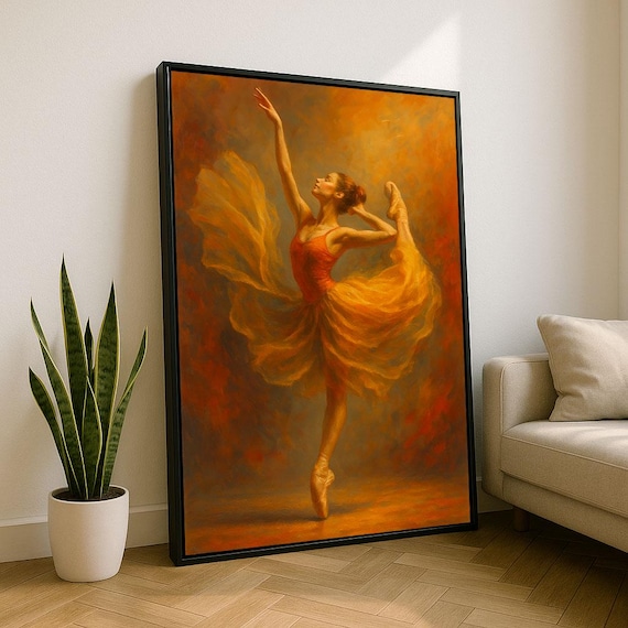 Ballerina in Golden Orange Dress High Leg Lift Fiery Warm Dance Poster