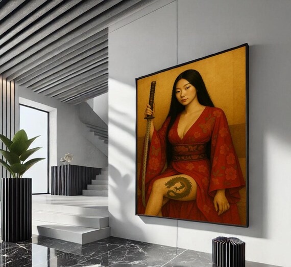 Elegant Woman In Red Floral Kimono With Katana Dragon Poster