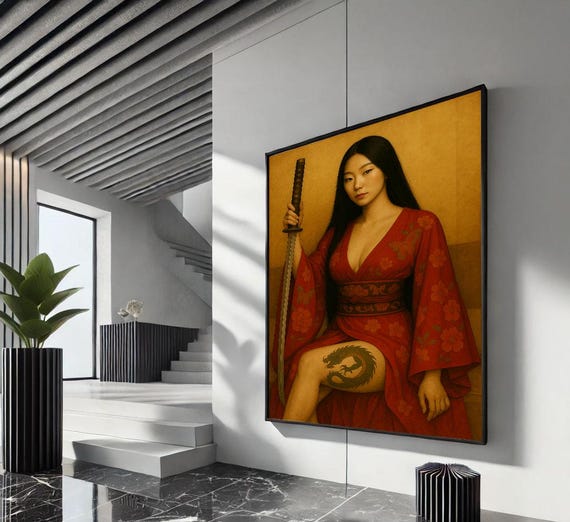 Empowering Asian Woman Samurai Canvas Wall Art Print Bold Living Room Decor Statement Piece