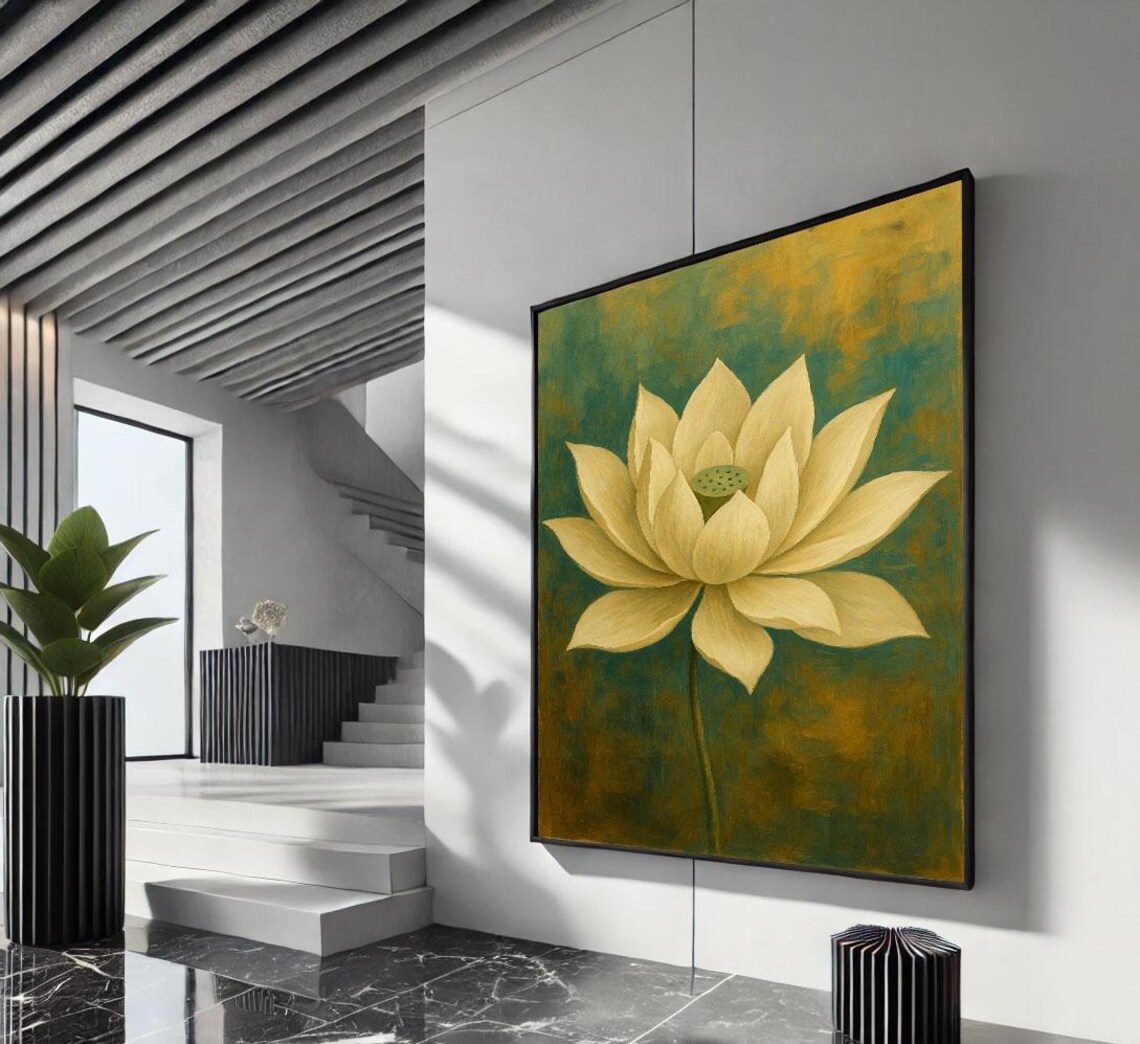 Serene Calm Golden Lotus Flower Green Gold Minimalist Zen Poster